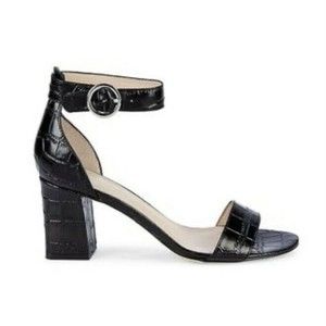 Marc Fisher Karlee Black Croc Embossed Leather Ankle Stap Heel Sandals SZ10